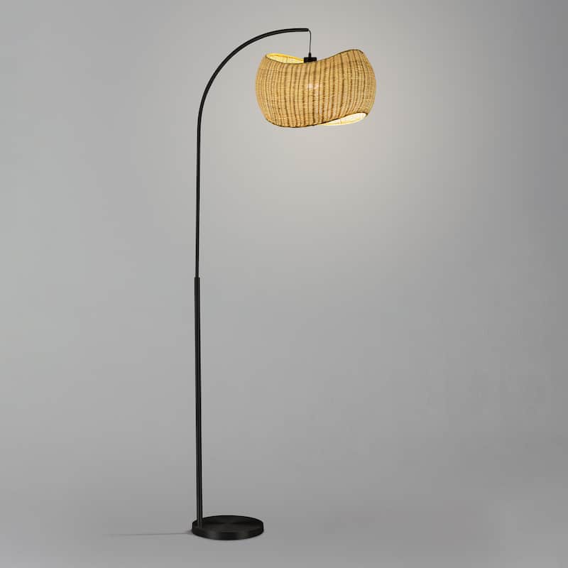 Brightech Wave Pendant 78" Classic Matte Black Mid-Century 9W 800Lm 3000K LED Modern Arc Floor Lamp With Beige Rattan Drum Shade