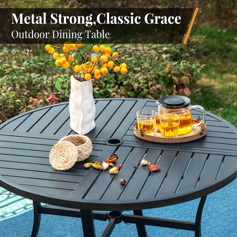 MAISON ARTS Outdoor 5 Pieces Dining Set Metal Table with Umbrella Hole & Stackable Patio Dining Chairs