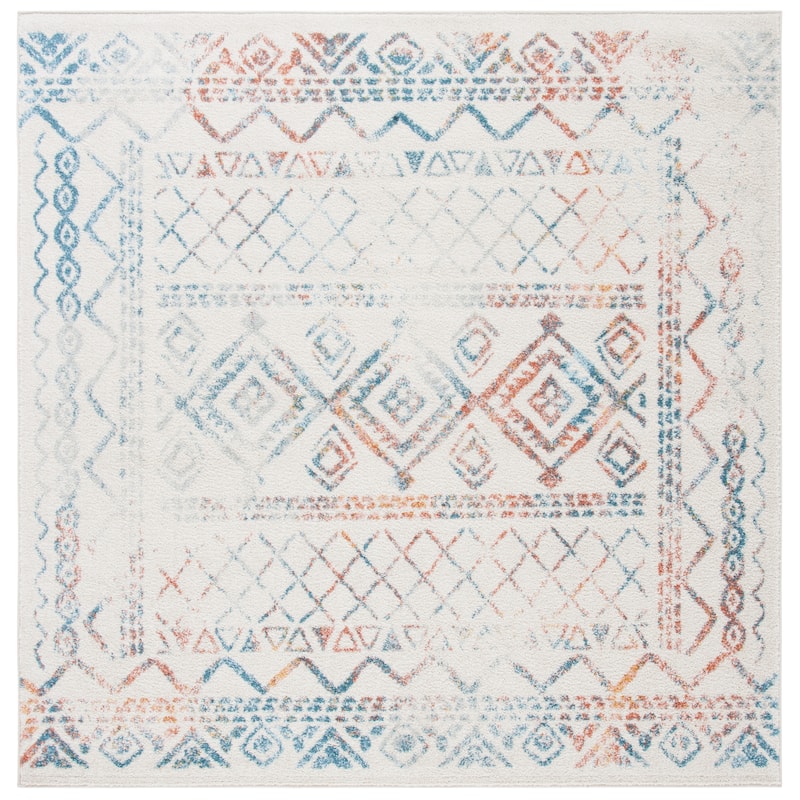 SAFAVIEH Tulum Hinnertje Rustic Moroccan Boho Tribal Distressed Rug - 6'7" Square - Ivory/Turquoise