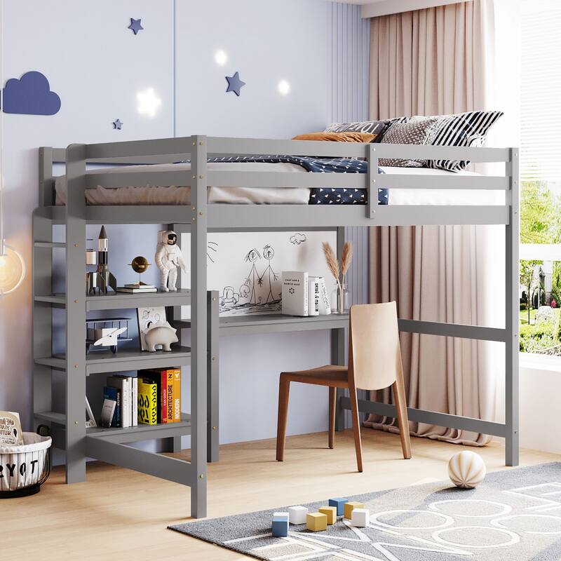 Full Size Wooden Loft Bed with Desk, Shelves, and Writing Board