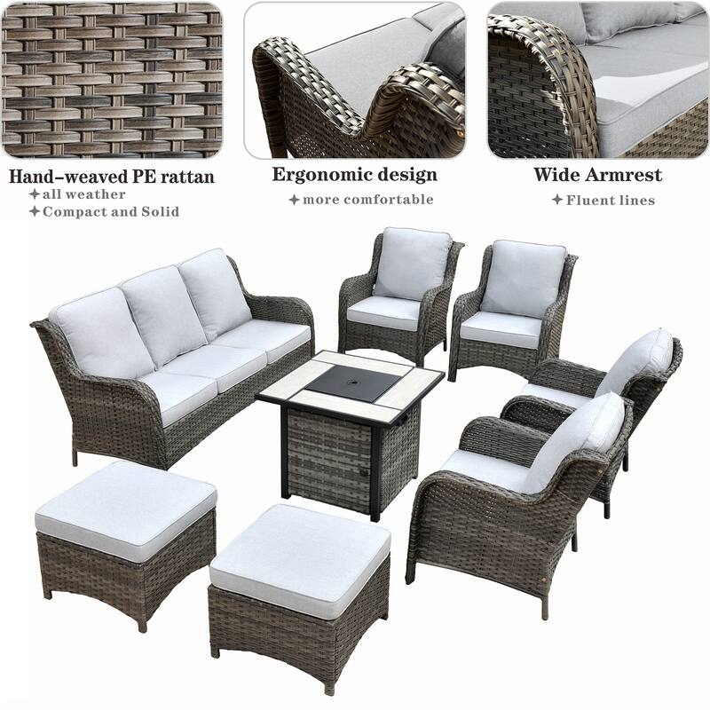 OVIOS Grey Wicker 8-piece Patio Furniture Set With Fire Pit