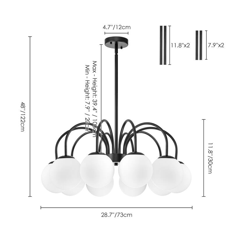 6/ 10-light Mid-Century Modern Black/ Brasss Round Sputnik Glass Globe Bubble Chandelier with Frosted Opal Glass Globe