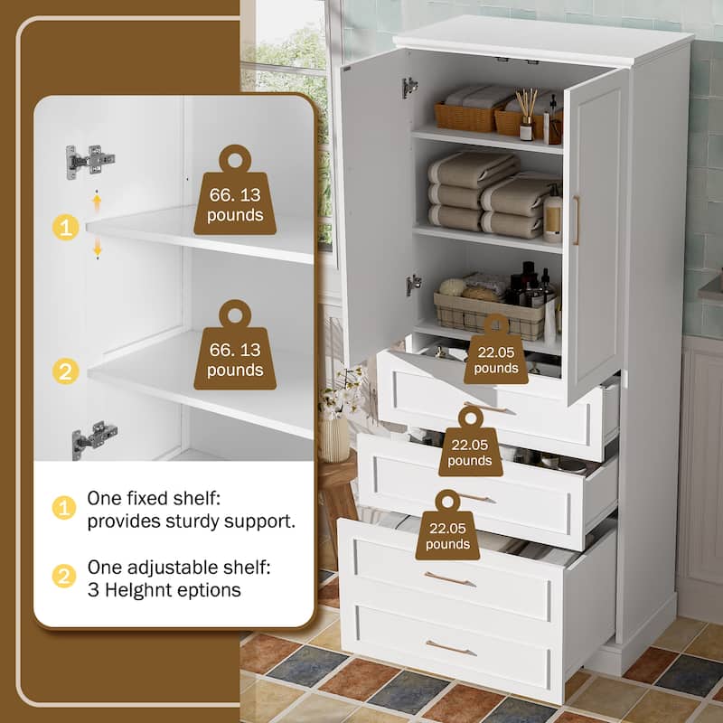 72.2"Tall Freestanding Bathroom Cabinet With 3 Drawers (Partitioned, Standard, Deep), Adjustable Shelf,Soft-Close Doors