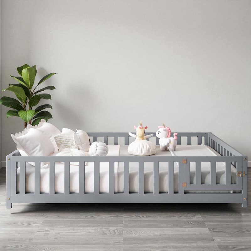 Full Size Montessori Floor Bed with Fence and Door, Solid Wood Platform Bed with Slats for Kids and Toddlers