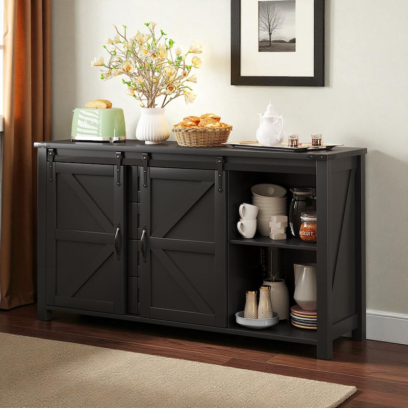 55.1-Inch Farmhouse Sideboard Buffet with Sliding Barn Doors, 4 Drawers & Power Outlet, Wood Storage Cabinet