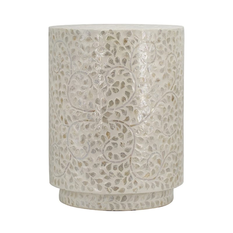 18 Inch Luxury Accent Table Stool, Foliage Star Pattern, Champagne White