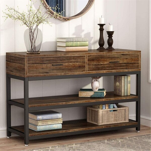 Rustic Console Sofa Table with Drawers, Industrial TV Stand - Brown. Opens flyout.
