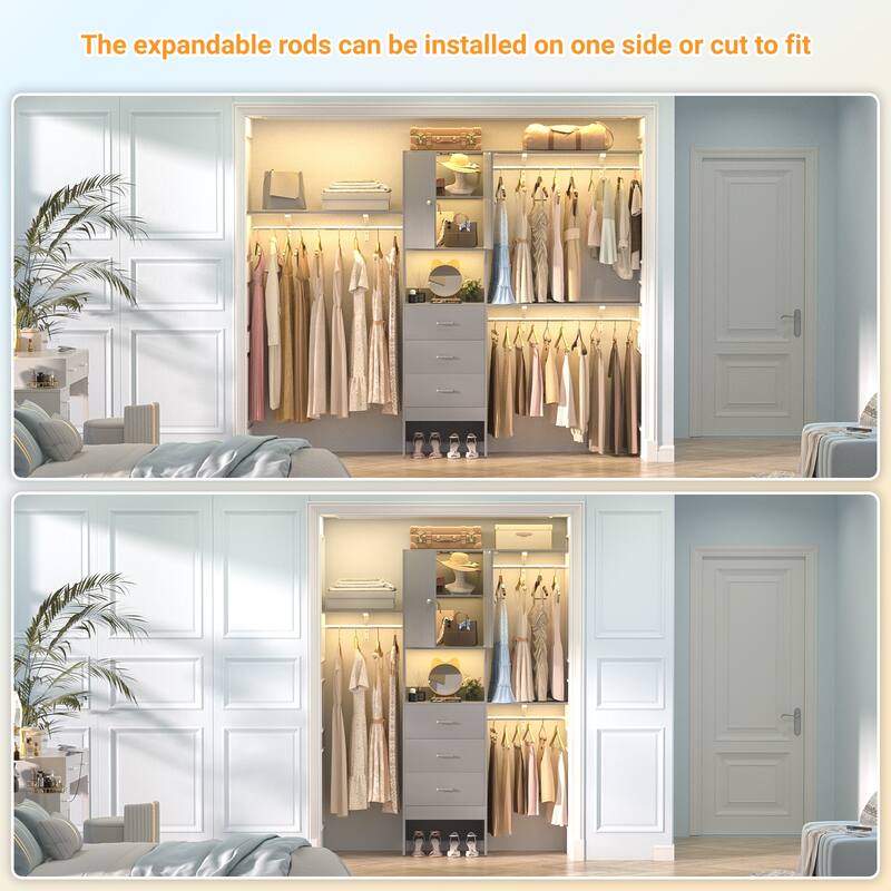 20''-96'' Wide Wooden Closet Organizer With Doors, Adjustable Closet System with Drawers and Hanging Rods