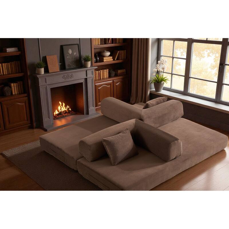 Convertible Corduroy Sleeper Sofa Bed, 4-in-1 Folding Mattress Couch with Cylindrical Pillow & Fixed-Shape Frame, No-Assembly