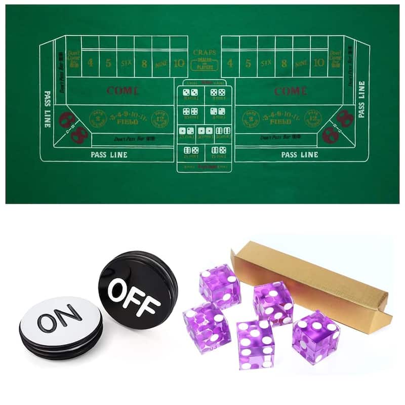 GSE™ Casino Craps Tabletop Game Set with 36"x72" Craps Layout Felt, 5-Piece 19mm Casino Dice, 3" Craps On/Off Puck - Purple