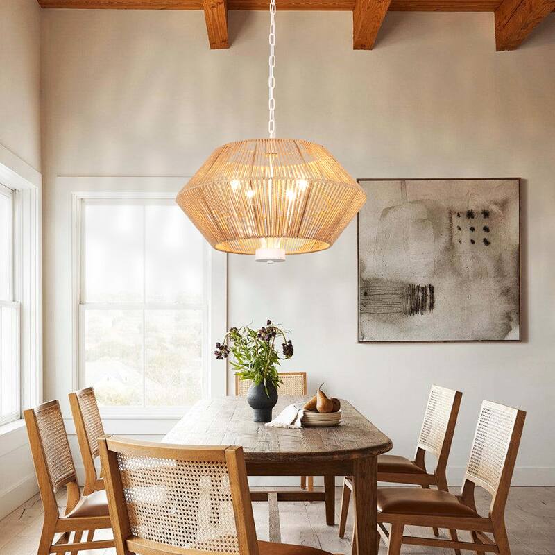 4-Light Dimmable Pendant Light, Paper Rattan Lampshade Candle Chandelier for Living Room with no bulbs included