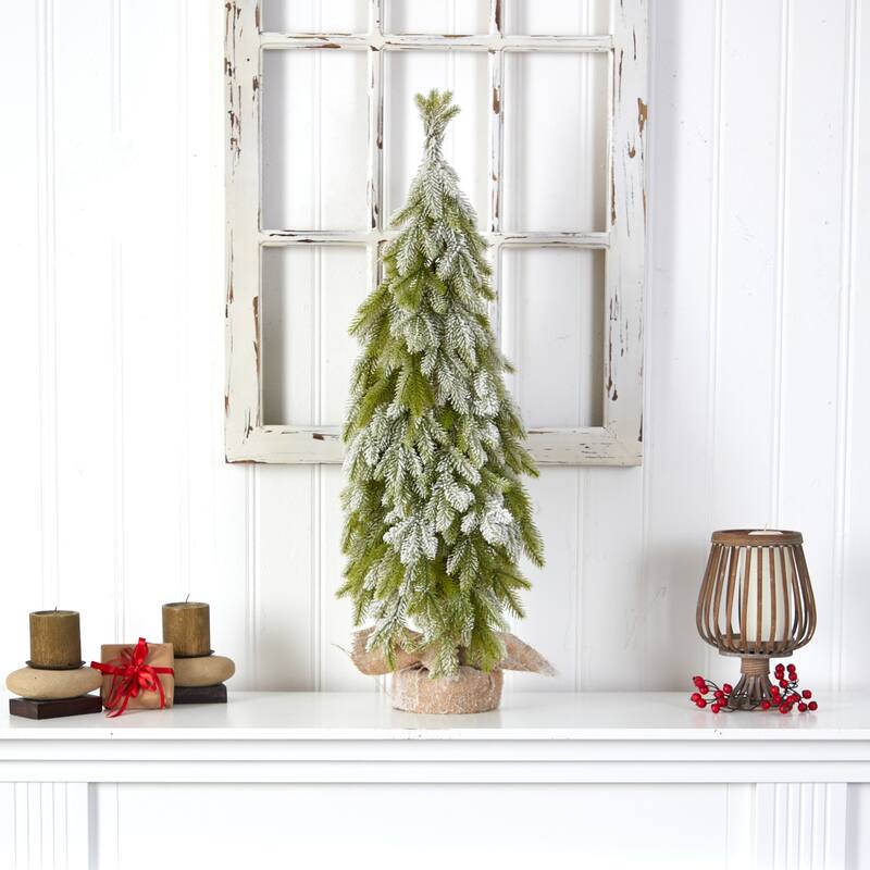 35in. Snow Flocked Down Swept Holiday Artificial Christmas Tree in Burlap Base - Rustic X-Mas Decoration
