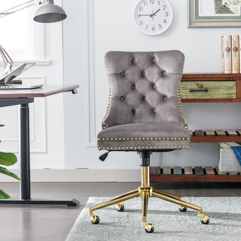 Velvet Upholstered Tufted Button Home Office Chair, Adjustable Wingback Armless Desk Chair, Swivel Vanity Chair with Metal Base - Gray
