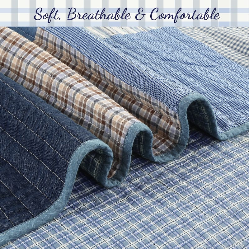 Cozy Line Blue Jean Plaid Stripe Tartan Patchwork Cotton Reversible Quilt Bedding Set