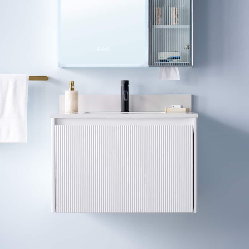 20'' H Modern Wall-Mount Bathroom Vanity With White Quartz Top and Single Sink - 30"W-White