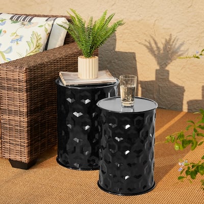 Glitzhome Set of 2 Glossy Black Metal Outdoor Table Accent Stool - 14.25"W x 14.25"D x 18.75"H