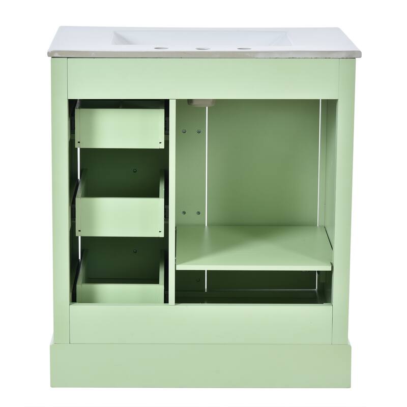 30-Inch White Bathroom Vanity with Ceramic Undermount Sink, Soft-Close Drawers & Adjustable Shelves - 18in L Solid Wood+MDF