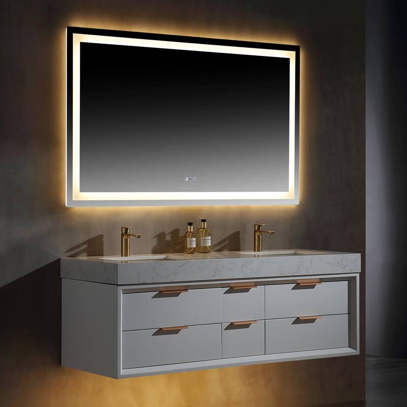 36/48/60 Modern Floating Bathroom Vanity with Sinle/Double Sink & Soft-Close Drawers & LED Lighting & Waterproof, White