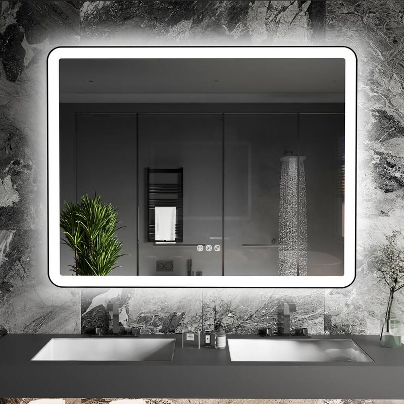 Rectangular Angle Rounded Framed Super Bright LED Wall Mounted Bathroom Vanity Mirror in Matte Black