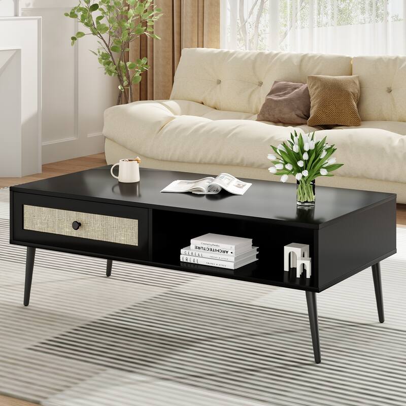 Modern Coffee Table, 47 Inch Rectangle Console Table with Drawer & Shelf, Wooden Coffee Table for Living Room, Office