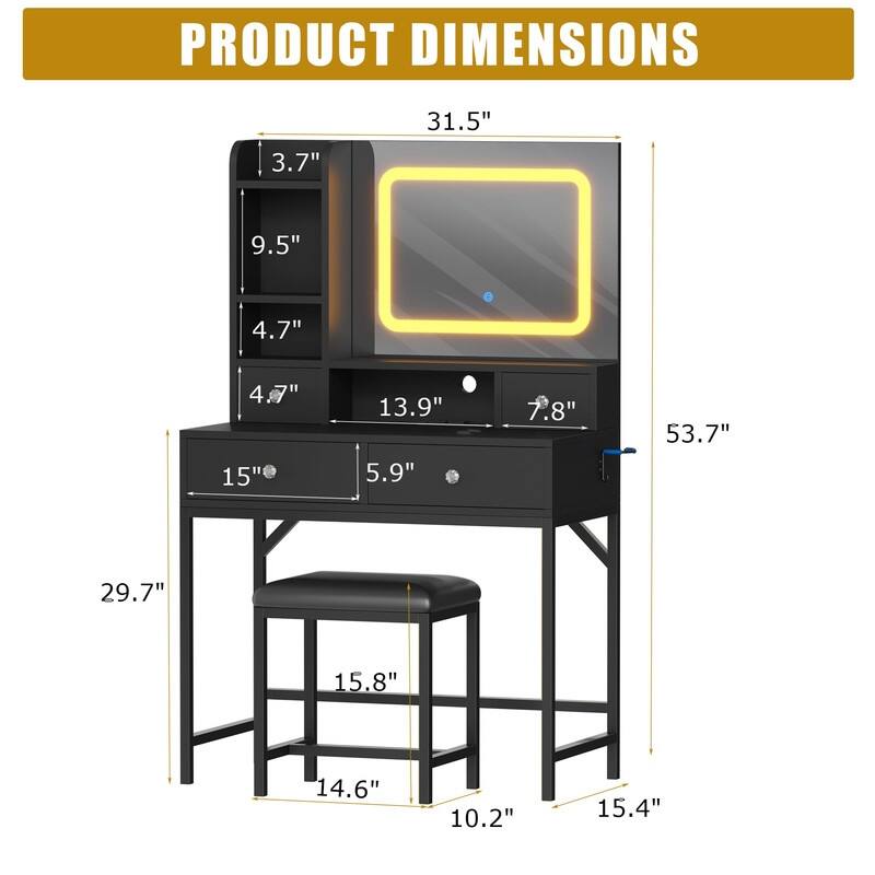 Makeup Vanity with Mirror and LED Lights, Charging Station, 4 Drawers, Shelves, Stool