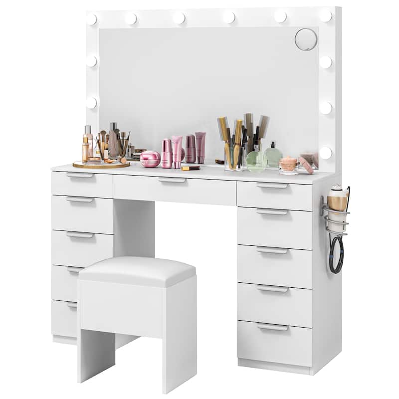 Makeup Vanity Set with Oversized Mirror 3 Color LED Lights Charging Hub 11 Drawers and Comfy Storage Stool for Bedroom
