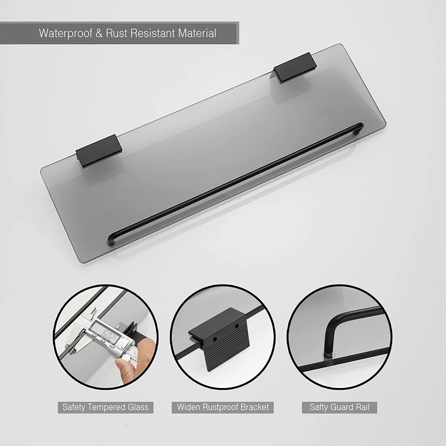 Bathroom Wall Mounted Tempered Glass Shelf with Rail Floating On Sale