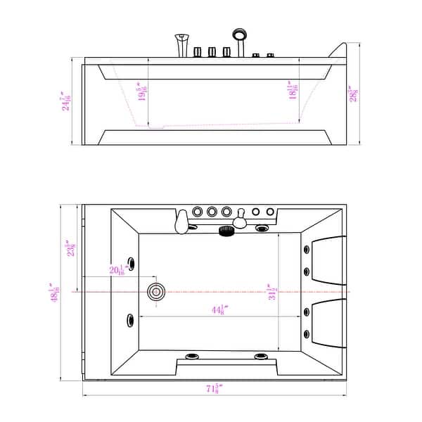 72" X 48" Acrylic Rectangle Whirlpool Bathtub - 10 Water Jets - Led Lights - Left Side Drain - 3-Side Alcove Install