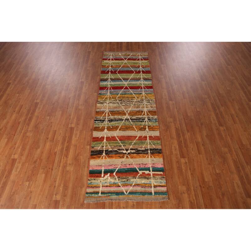 Geometric Moroccan Runner Rug Oriental Handmade Wool Carpet - 3'1" x 9'7"