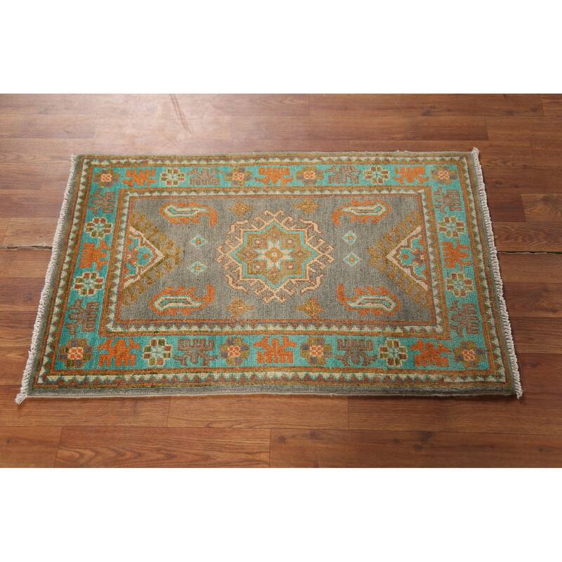 Gray Geometric Kazak Accent Rug Hand-Knotted Geometric Wool Carpet - 2'1"x 2'10"
