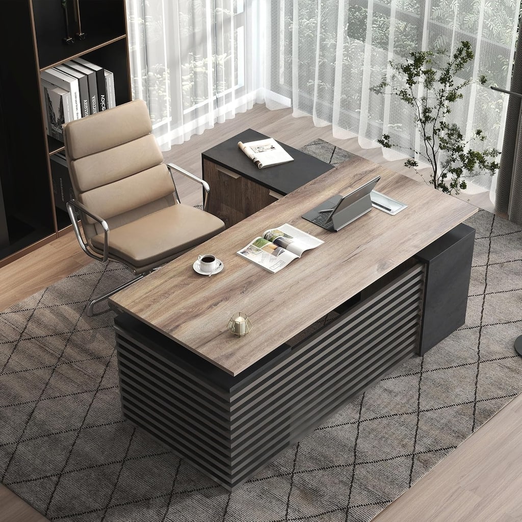 L-Shaped Executive Desk Adjustable Height with Universal Charging Ports Drawers and Cable Management