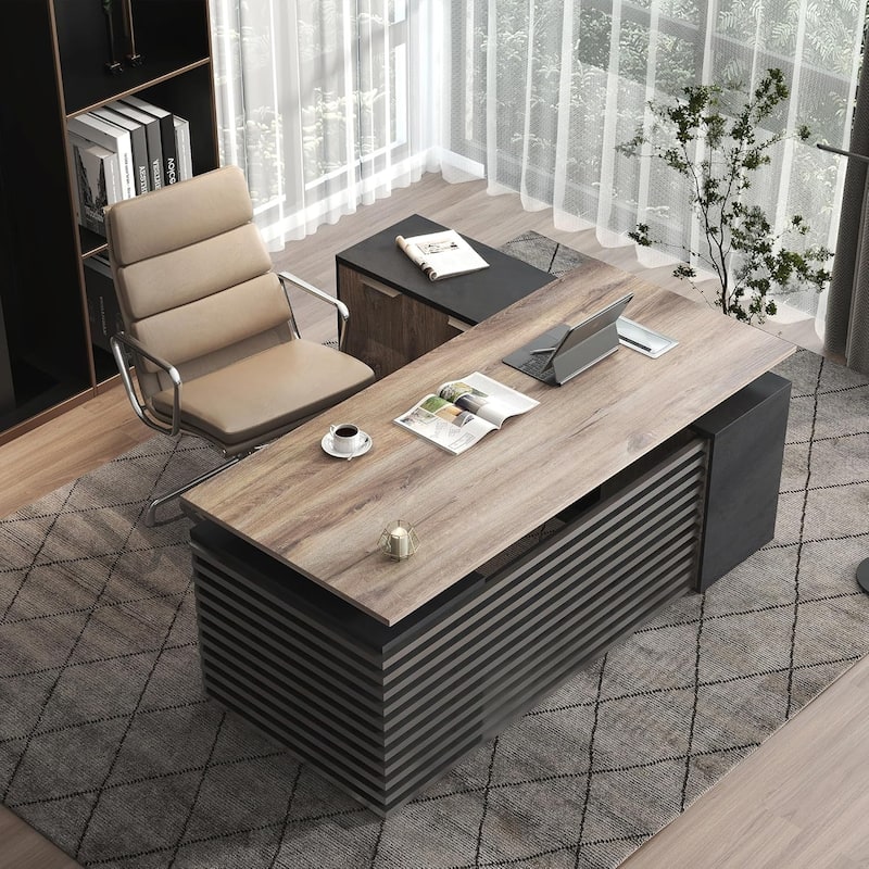 WESOME L-Shaped Executive Desk Adjustable Height with Universal Charging Ports Drawers and Cable Management