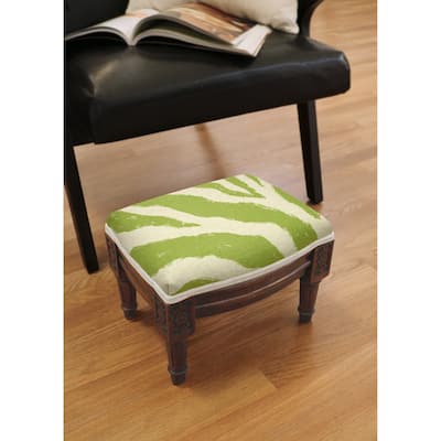 Chartreuse Zebra Print Footstool with wood stained finish