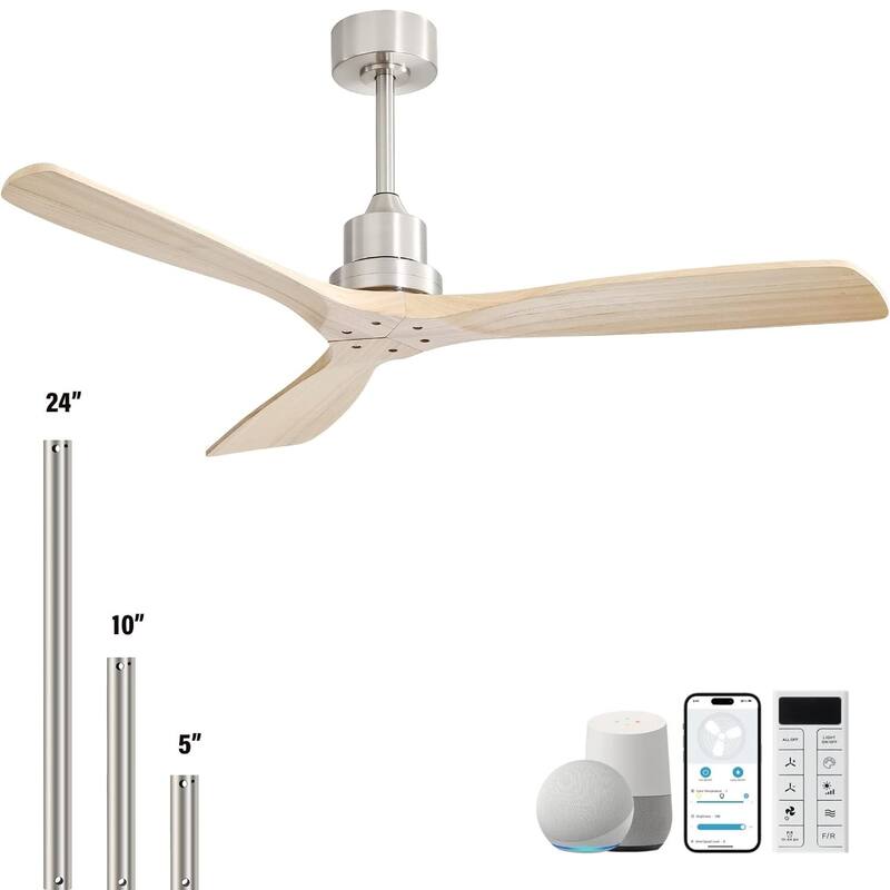 52 inch Smart Solid Wood Ceiling Fan with Intetraged Light and Remote,Google Assistant/Alexa APP Control - Silver With Burly Wood Blades - 52 Inch Without Light