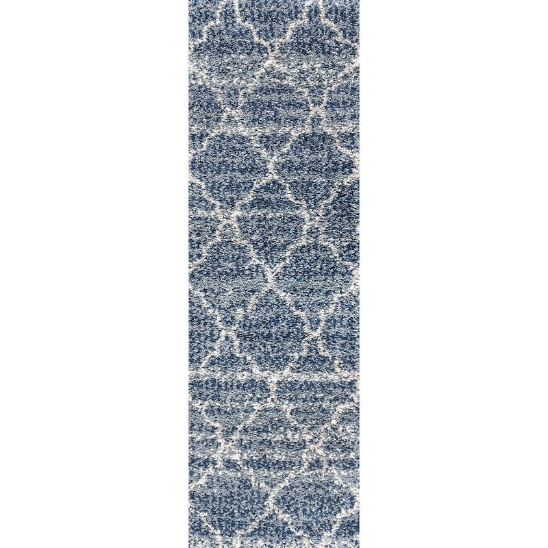 Ankara Ogee Moroccan Trellis Shag Light 2 ft. x 8 ft. Runner Rug - 2 X 8 - Indigo Blue/Ivory