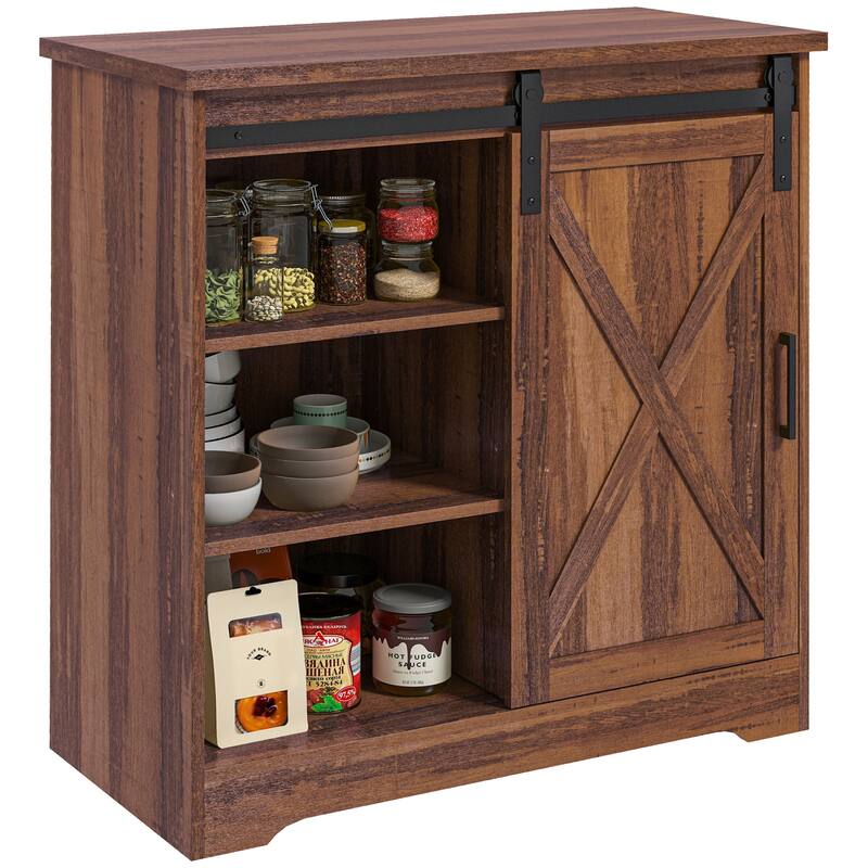 Coffee Bar Cabinet with Sliding Barn Door, Kitchen Sideboard with Storage, Buffet Cabinet with Adjustable Shelf - Brown