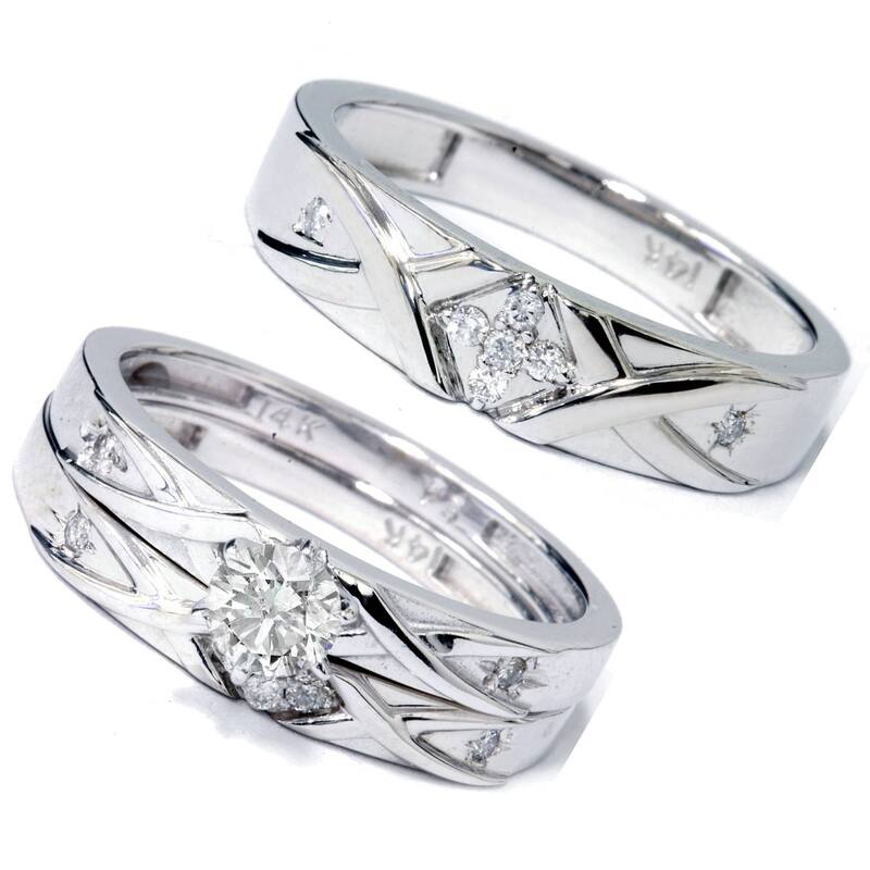 Matching Diamond Engagement Wedding Ring Set His Hers White Gold