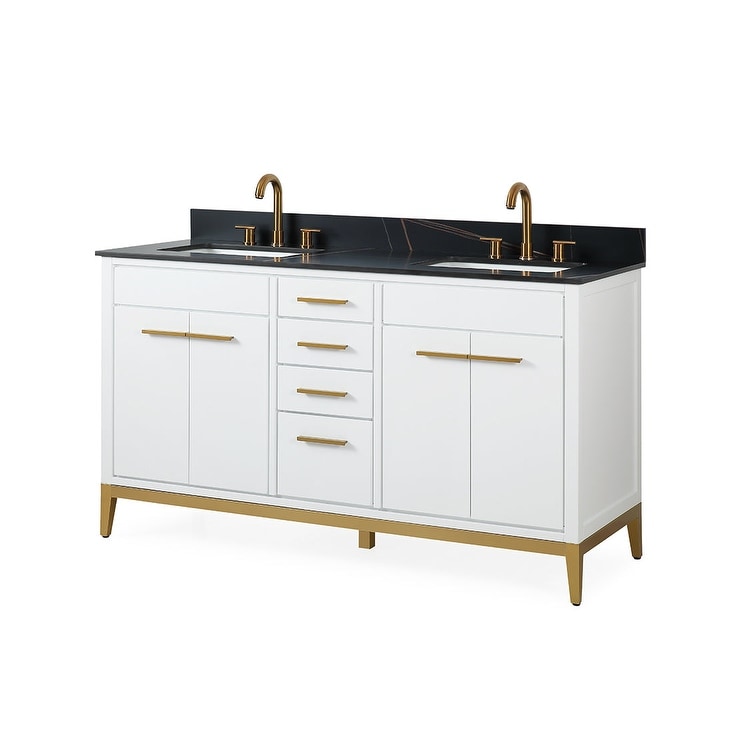Tennant Brand 60 Inch White Beatrice Bathroom Vanity with Backsplash, Double Sink, Black Sintered Stone Top, Fully Assembled