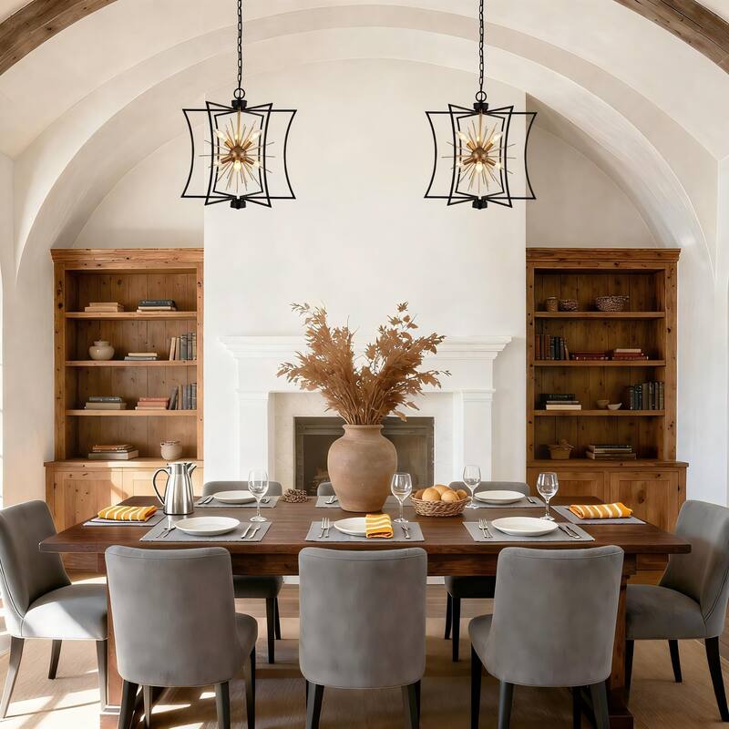 Modern Farmhouse 6-Light Black Gold Sputnik Chandelier Metal Cage Pendant Lighting for Dining Room - 20.5" D x 21.5'' H
