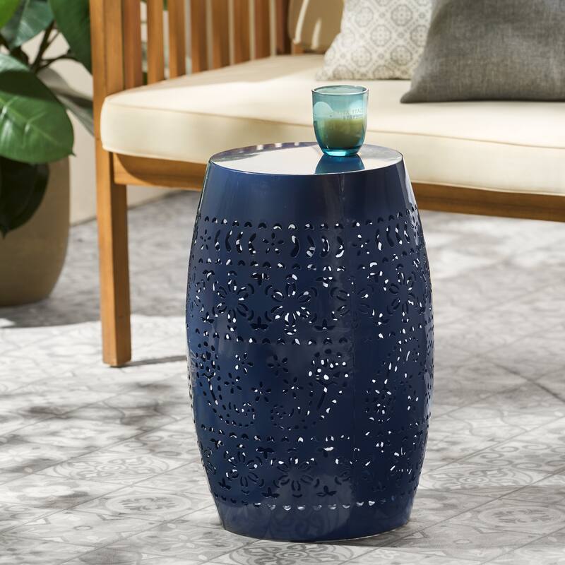 Side Table, Lace Cut Metal End Table for Outdoor & Indoor Use - Navy
