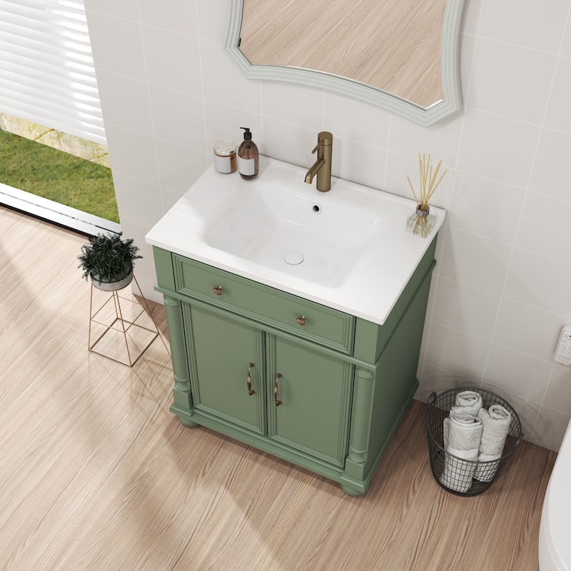 28"/36" Bathroom Vanity with Sink, Integrated Ceramic Basin Vanity Cabinet with Roman Column Base, Solid Wood Frame