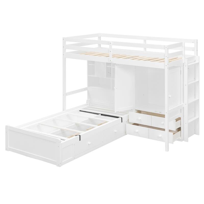 L-shaped Bunk Bed Twin Over Twin with Side Wardrobe and Under Drawers, Down Hydraulic Bed with Storage Shelves for Bedroom