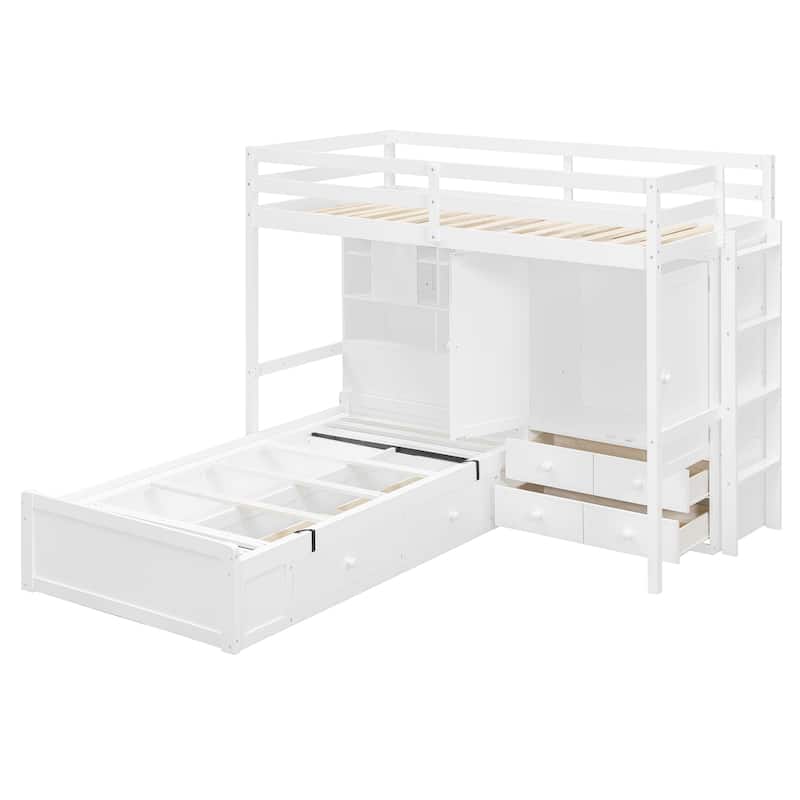 Twin Size Bunk Bed with Wardrobe Drawers and Hydraulic Storage Lift