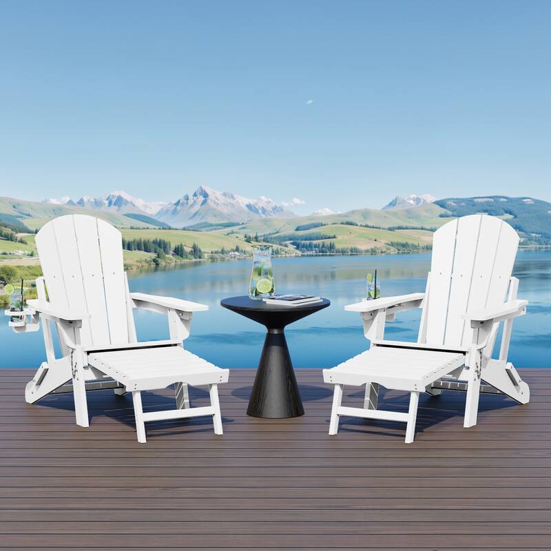 Laguna Outdoor Folding Adjustable Adirondack Chair with Cup Holder & Hideaway Ottoman (Set of 2)