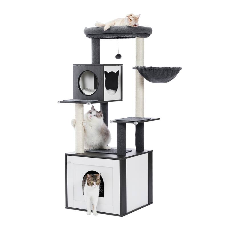 56.7" Cat Tree with Enclosure Large Litter Box, Cozy Cat Condo, Scratching Post and Repalcable Dangling Balls