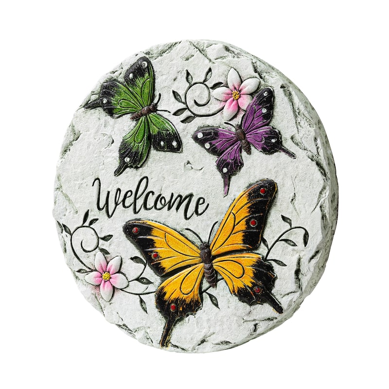Glitzhome Set of 2 Cement Welcome Stepping Stones with Butterflies & Dragonflies - 9.75 in