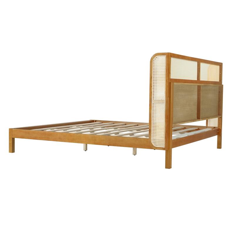 King Size Platform Bed Frame with Headboard, Mid Century Modern Design, Natural Finish