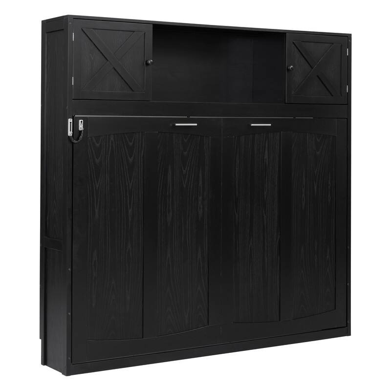 Full Size Murphy Bed with Storage Cabinets, Modern Design Folding Bookcase Bed Frame with Open Shelf