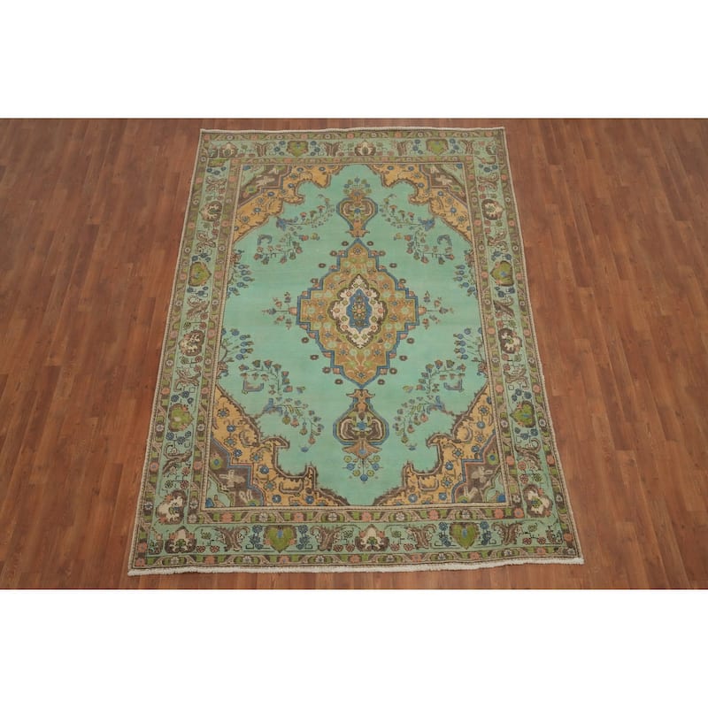 Hand Knotted Oriental 100% Wool Carpet Traditional Floral Green Tabriz Area Rug - 9' 6'' X 6' 7''