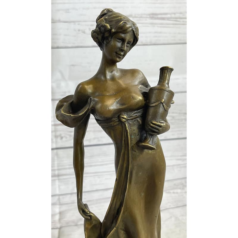 Girl Holding Vase Bronze Statue Sculpture Figure Marble Base French Art 13 Inches X 5 Inches
